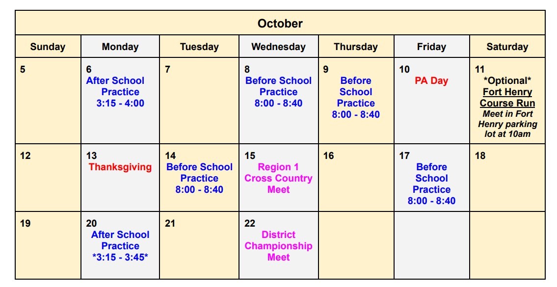 calendar october running