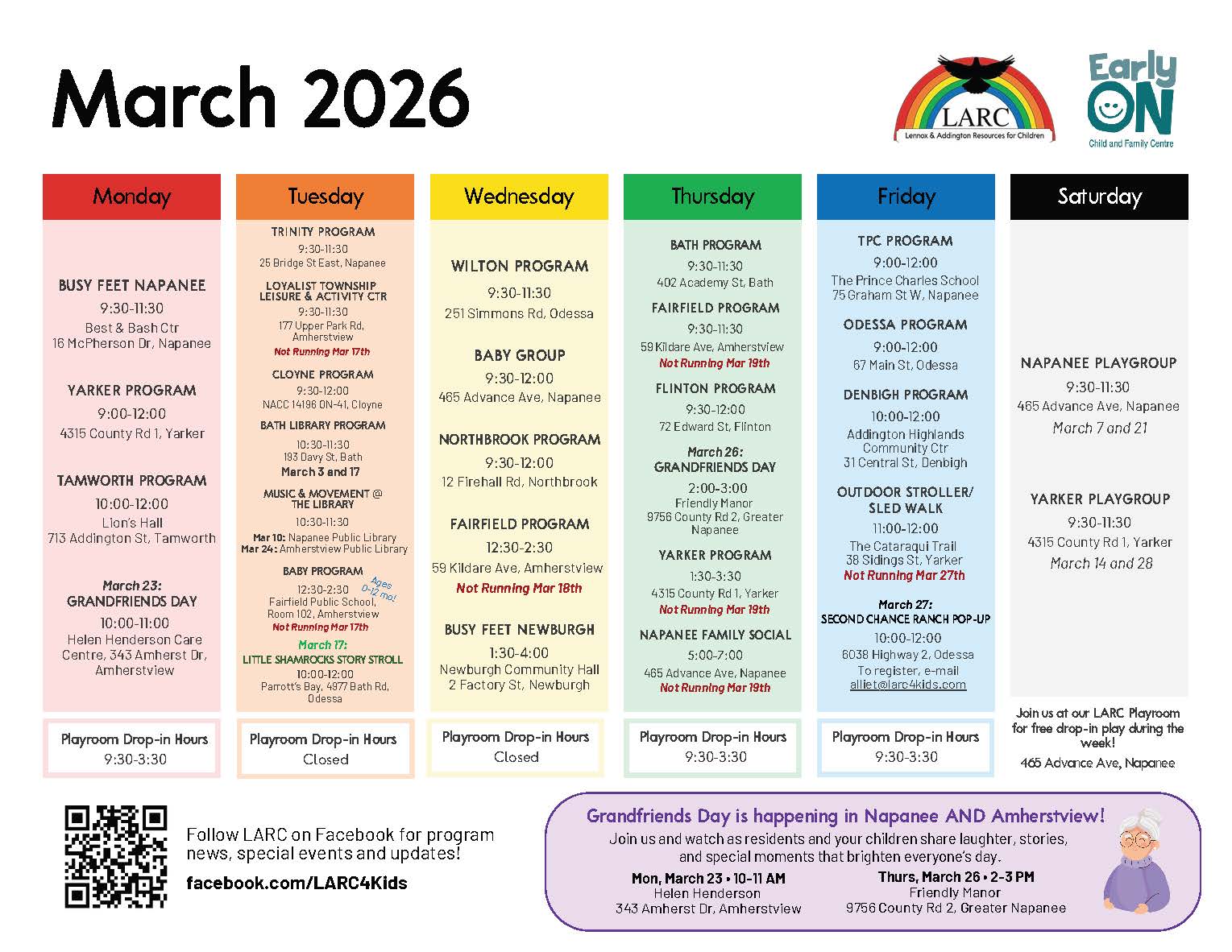 March Early ON calendar 2026